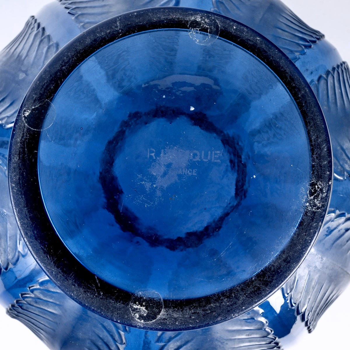 1932 René Lalique - Vase Biskra Verre Bleu Saphir Patiné Blanc-photo-1