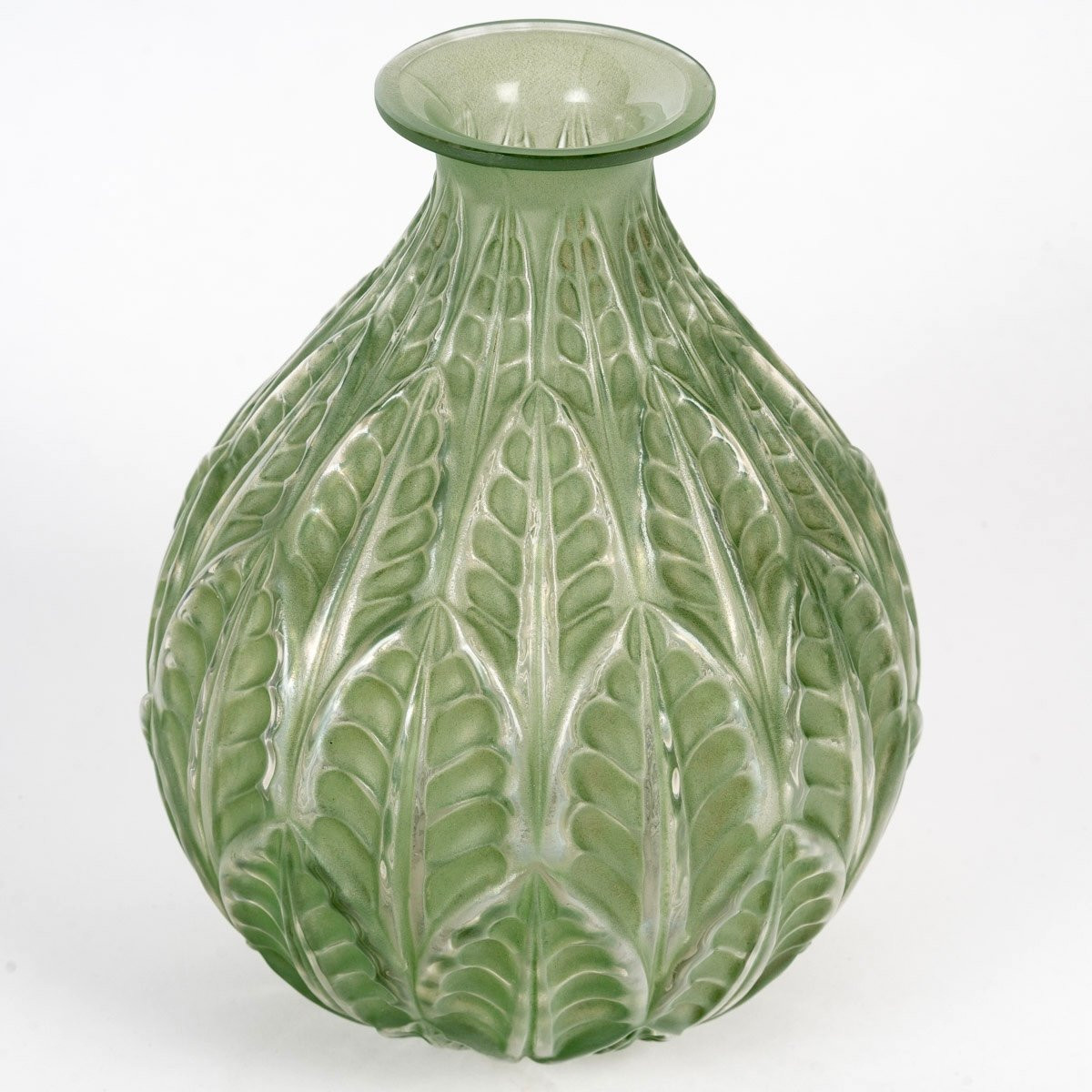 1927 René Lalique - Vase Malesherbes Verre Blanc Patiné Vert-photo-2