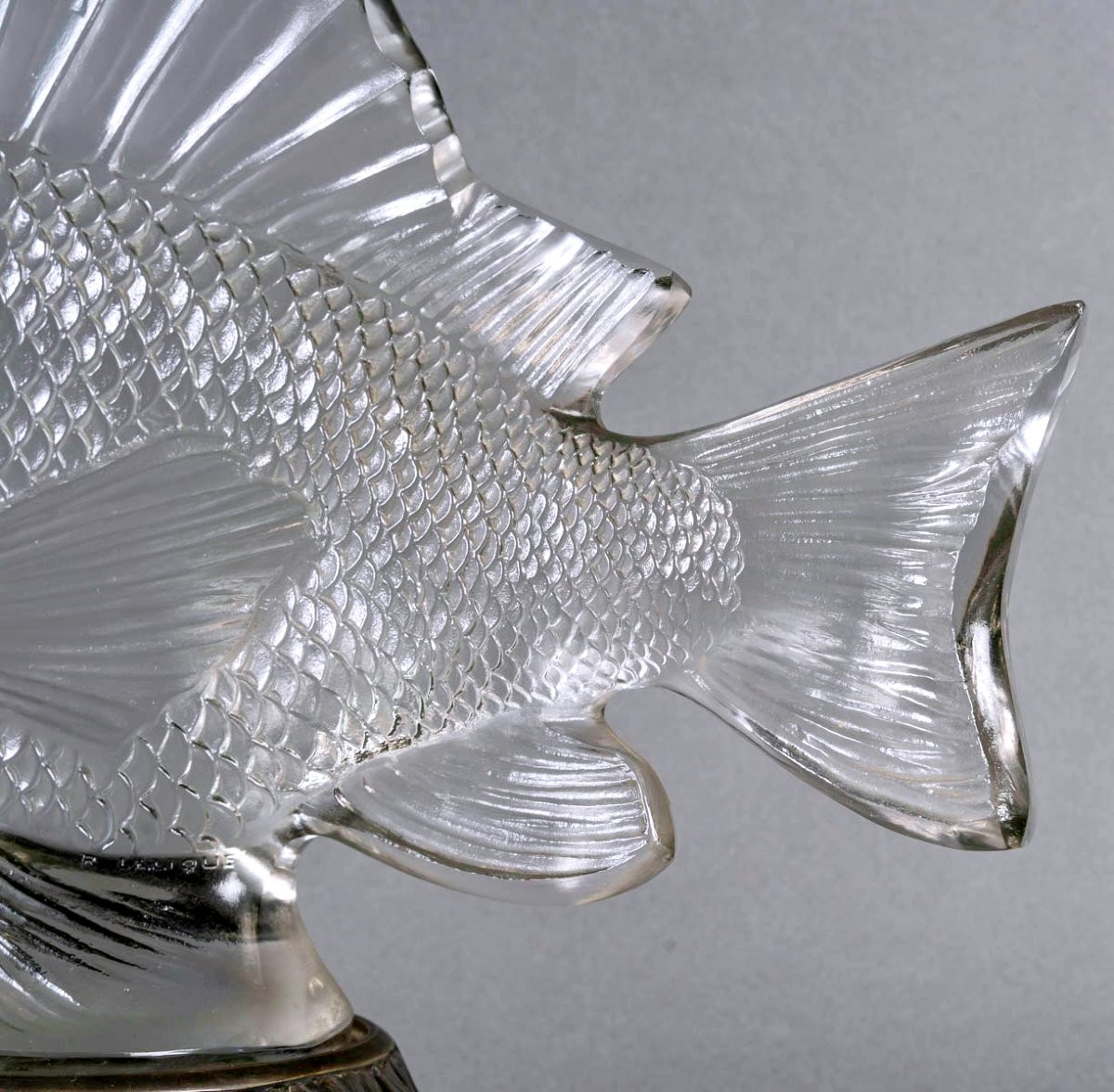 1922 René Lalique - Statue Décoration Gros Poisson Algues Verre Blanc - Base en Bronze-photo-1