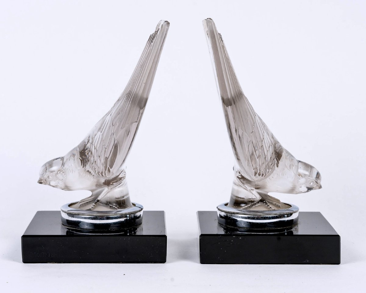 1928 René Lalique - Pair Of Bookends Car Mascots Hirondelle Swallow Glass-photo-2