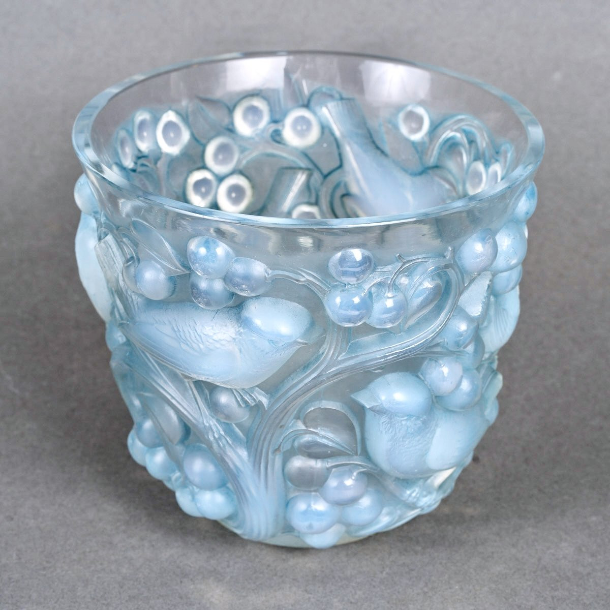 1927 René Lalique - Vase Avallon Verre Opalescent Patiné Bleu-photo-3