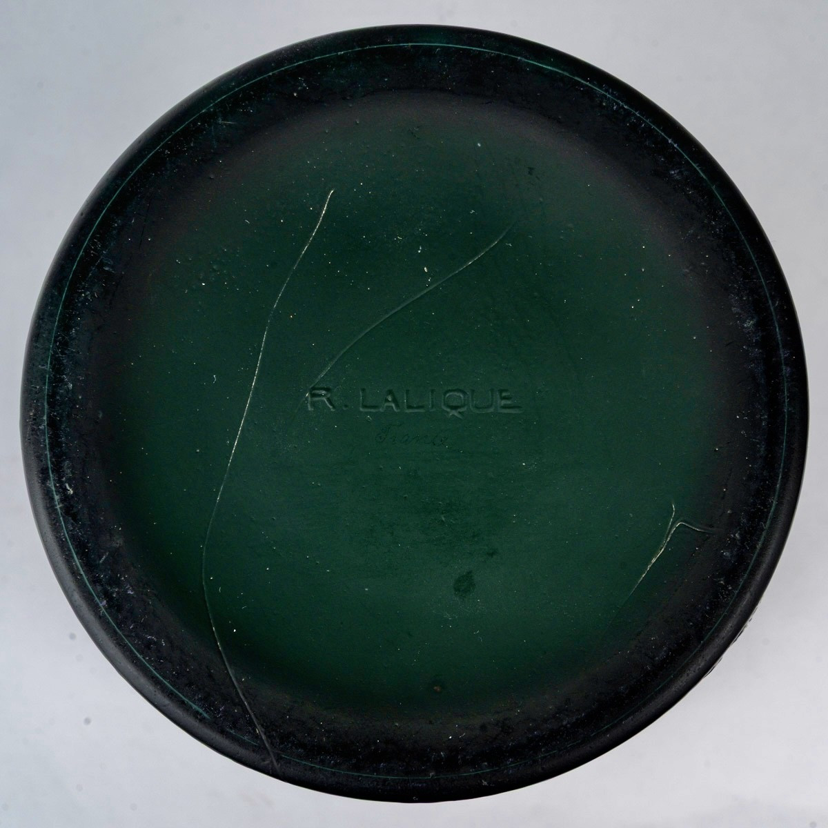 1923 René Lalique - Vase Epicéa Verre Vert Canard Patiné Blanc -photo-1
