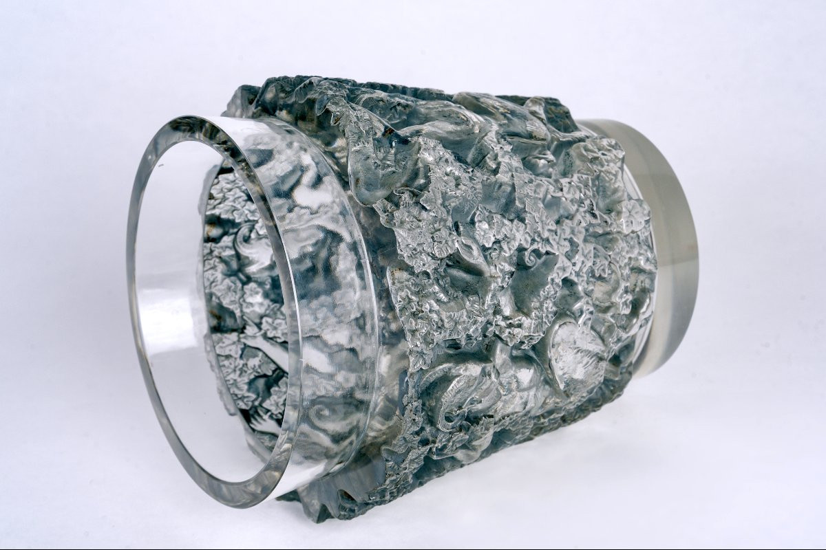 1938 René Lalique - Vase Bacchus Verre Blanc Patiné Bleu-photo-4