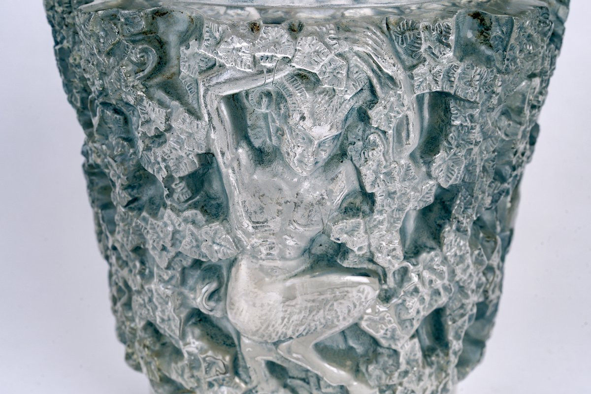 1938 René Lalique - Vase Bacchus Verre Blanc Patiné Bleu-photo-2