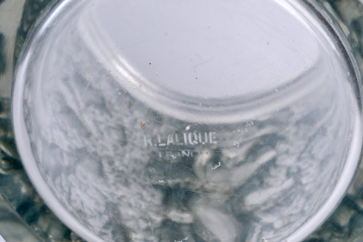 1938 René Lalique - Vase Bacchus Verre Blanc Patiné Bleu-photo-5