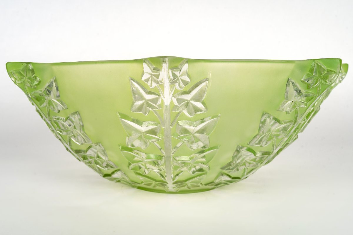1927 René Lalique - Bowl Lierre Ivy Glass With Green Patina-photo-4