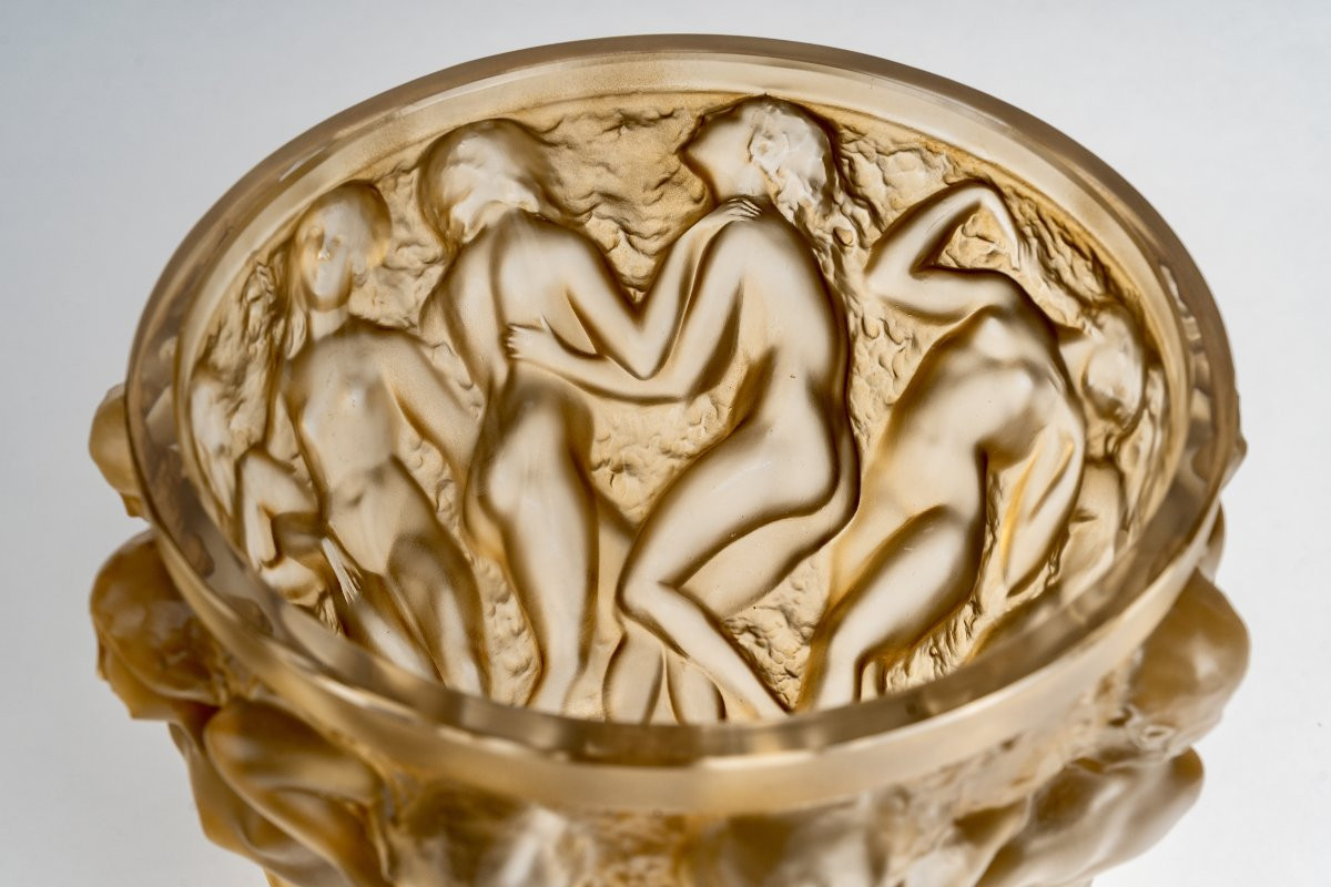 1927 René Lalique - Vase Bacchantes Glass With Sepia Patina-photo-4