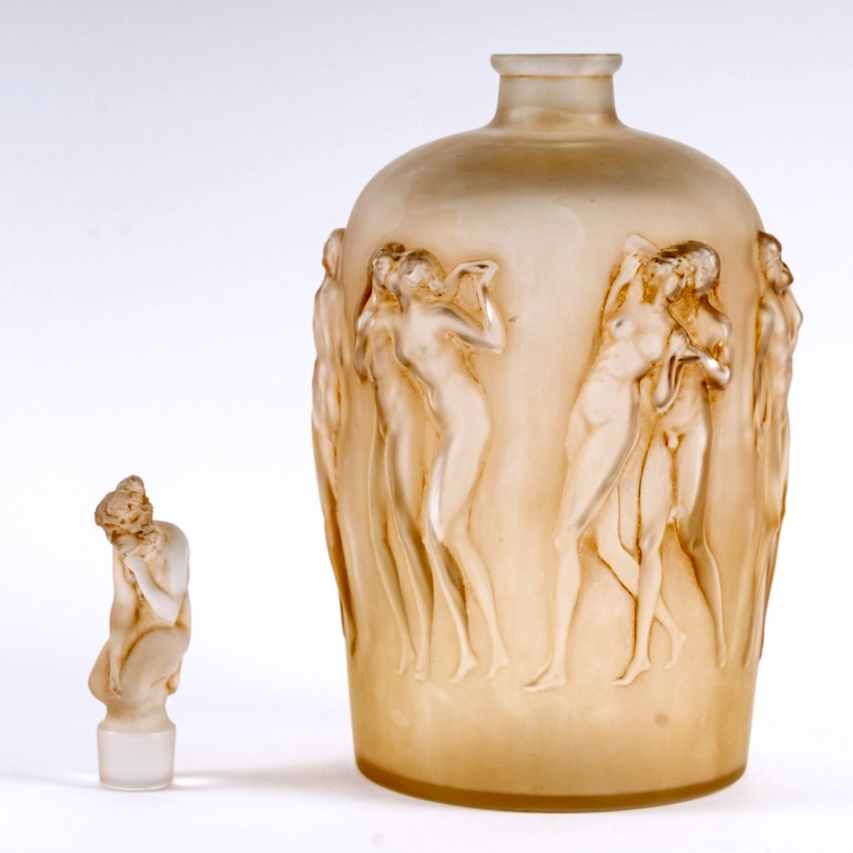 1920 René Lalique - Vase 12 Douze Figurines avec Bouchon Verre Blanc Patiné Sépia-photo-1
