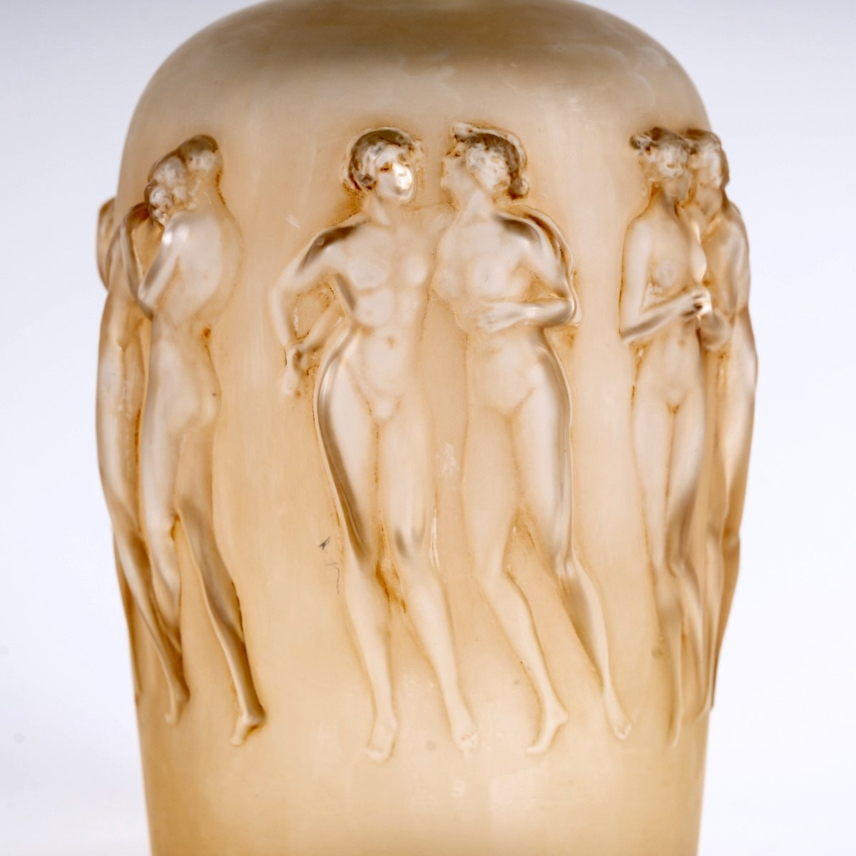 1920 René Lalique - Vase 12 Douze Figurines avec Bouchon Verre Blanc Patiné Sépia-photo-3