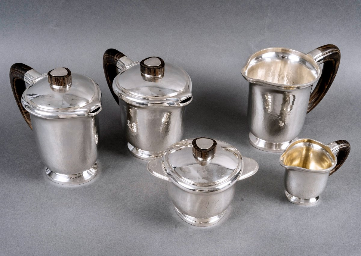 1940 Fouquet Lapar - Art Deco Tea Coffee Set Hammered Sterling Silver & Rosewood-photo-2