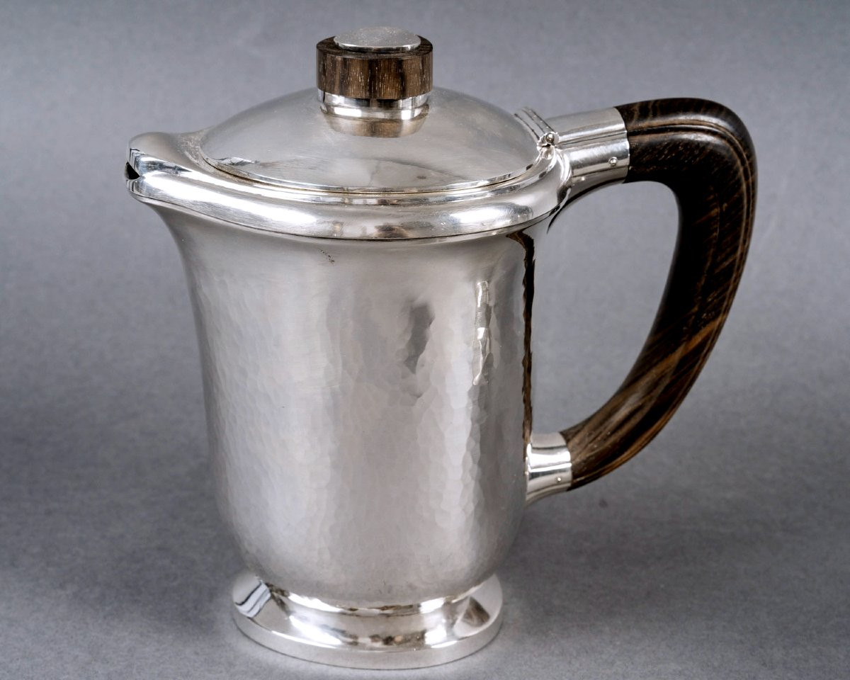 1940 Fouquet Lapar - Art Deco Tea Coffee Set Hammered Sterling Silver & Rosewood-photo-3