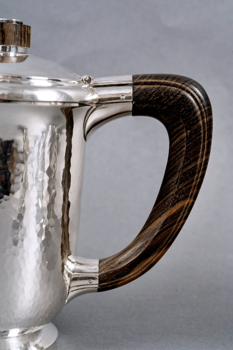 1940 Fouquet Lapar - Art Deco Tea Coffee Set Hammered Sterling Silver & Rosewood-photo-1