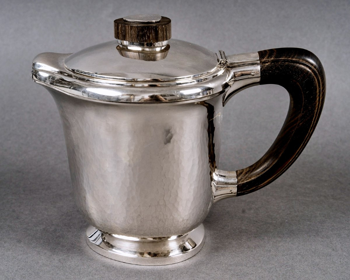 1940 Fouquet Lapar - Art Deco Tea Coffee Set Hammered Sterling Silver & Rosewood-photo-2
