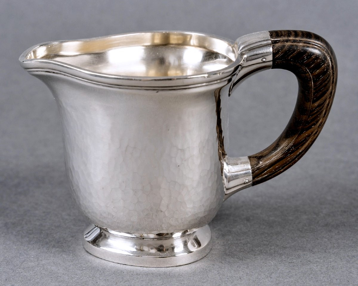1940 Fouquet Lapar - Art Deco Tea Coffee Set Hammered Sterling Silver & Rosewood-photo-3