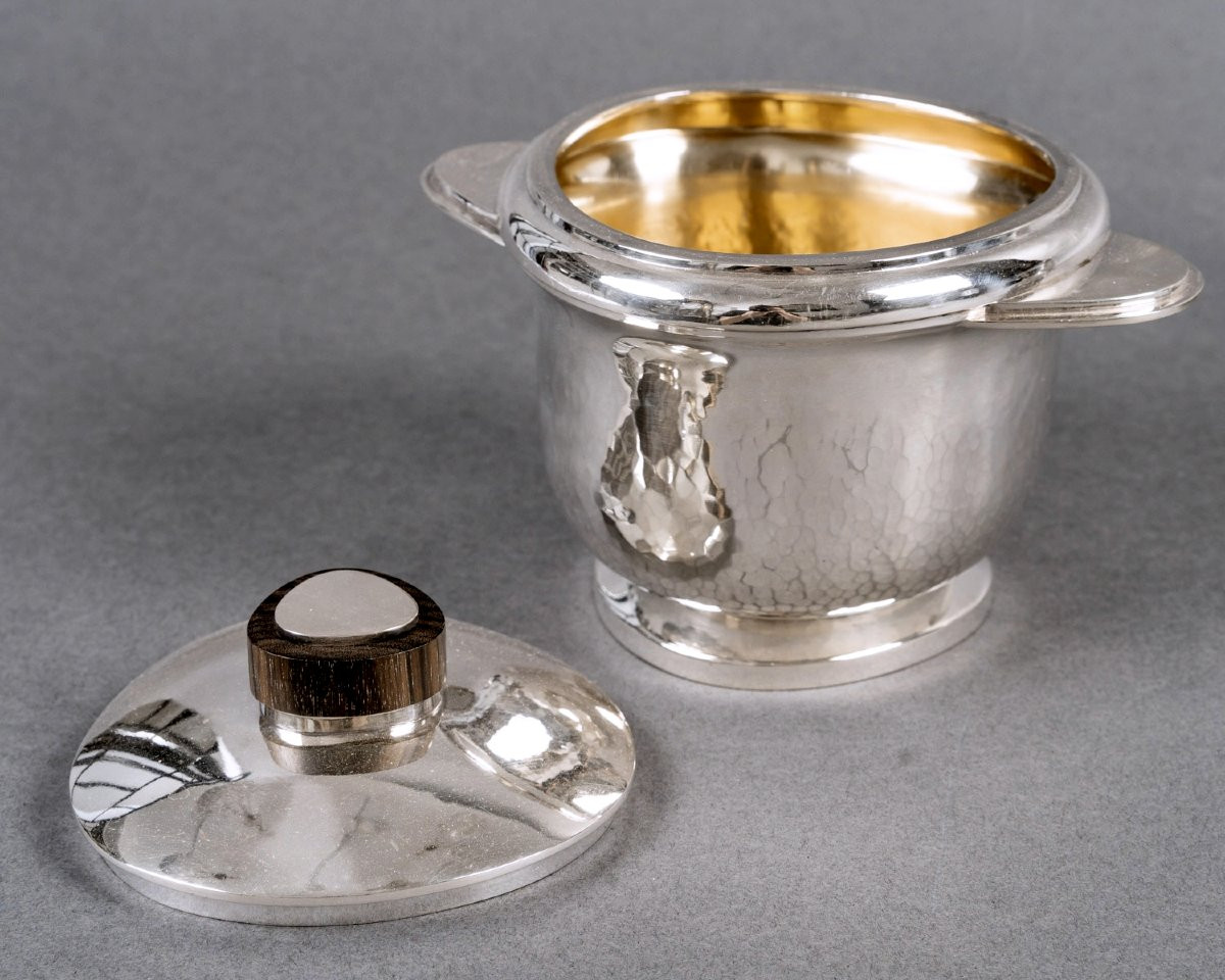 1940 Fouquet Lapar - Art Deco Tea Coffee Set Hammered Sterling Silver & Rosewood-photo-5