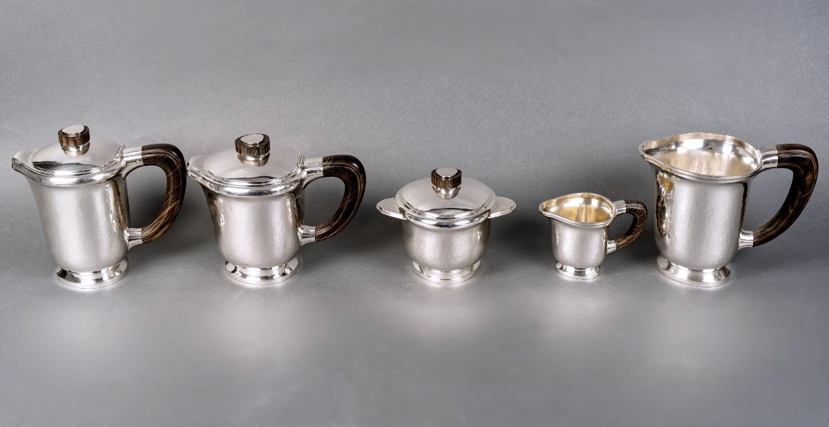 1940 Fouquet Lapar - Art Deco Tea Coffee Set Hammered Sterling Silver & Rosewood