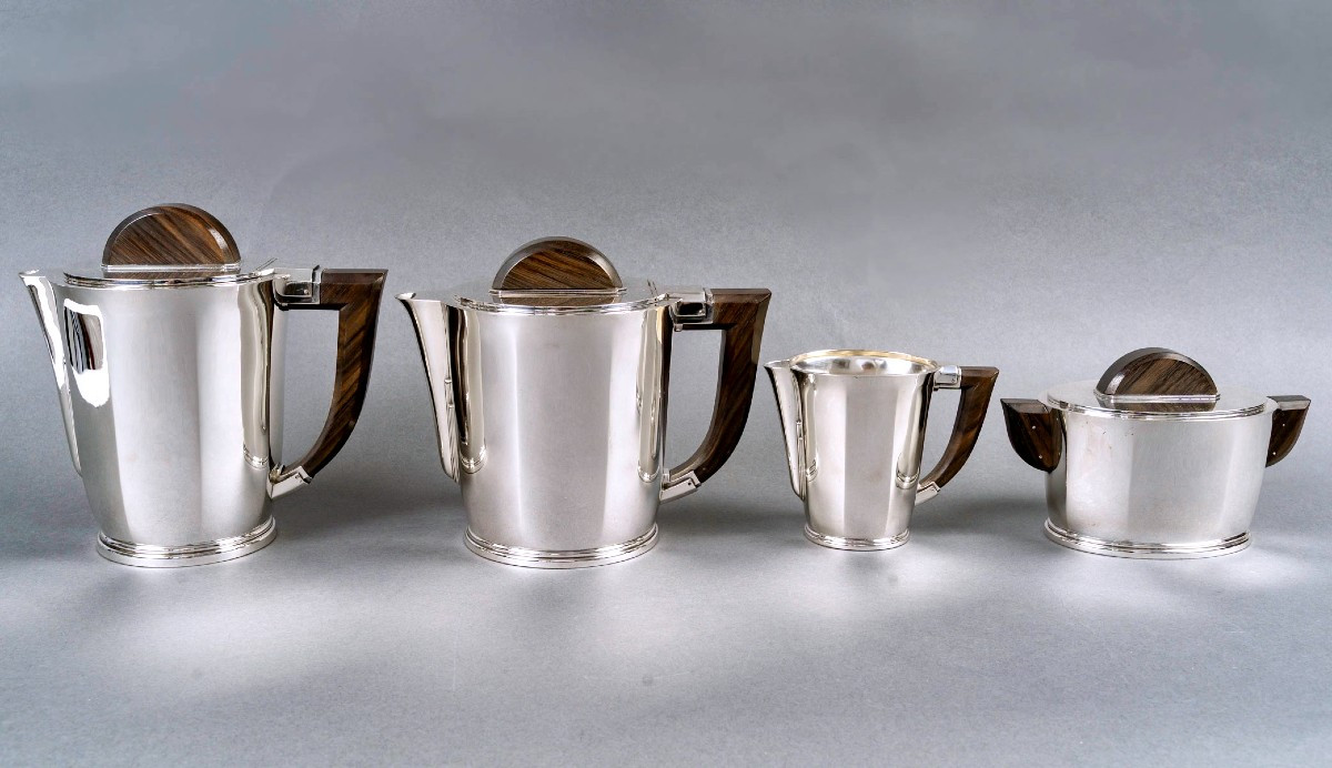 1935 Christofle Cardeilhac - Art Deco Coffee And Tea Service Sterling Silver And Rosewood