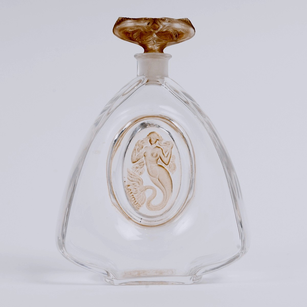 1912 René Lalique -Flacon La Sirène Verre Blanc Patiné Sépia pour Burmann