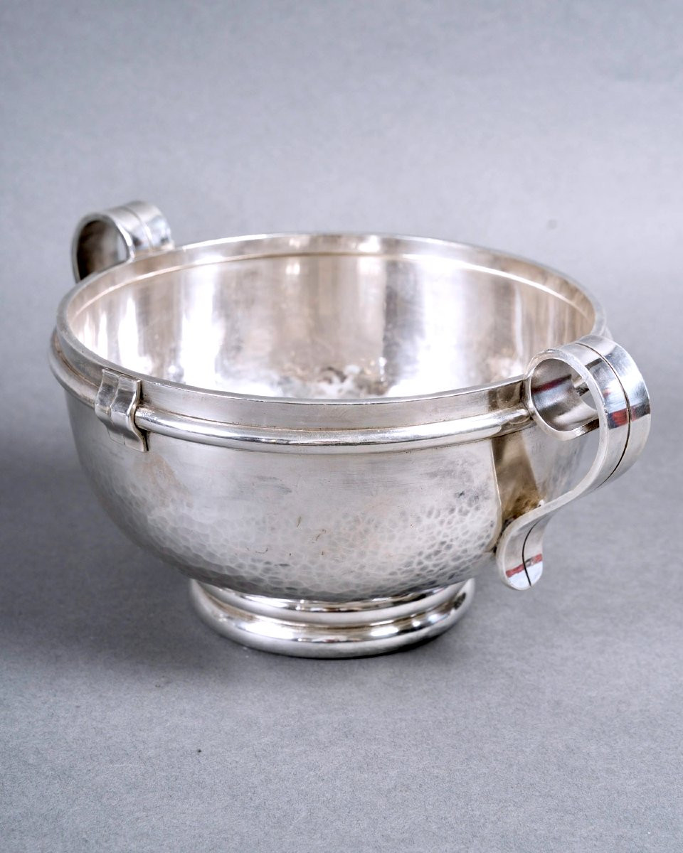 Jean Desprès - Paire de Coupes Art Déco Moderniste Métal Argenté Martelé-photo-3