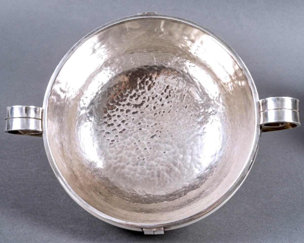 Jean Desprès - Paire de Coupes Art Déco Moderniste Métal Argenté Martelé-photo-4