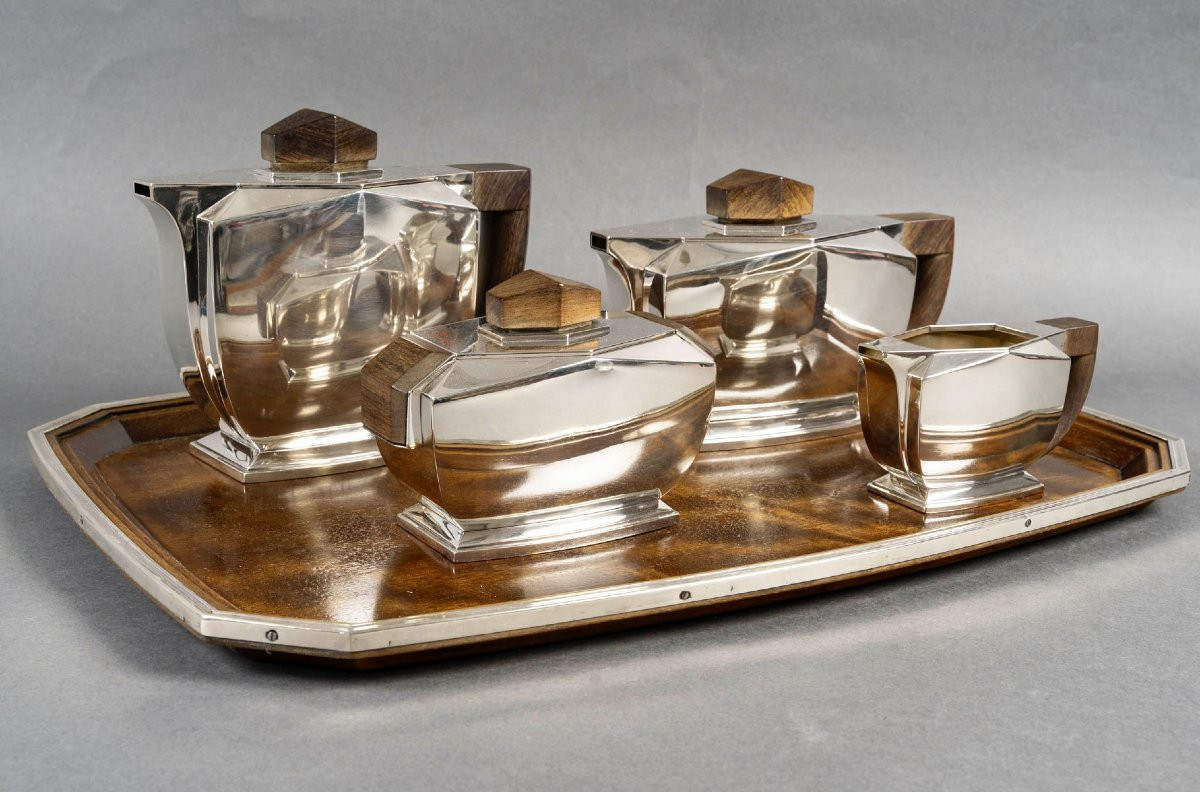 Tétard Frères - Art Deco Modernist Tea Coffee Set Sterling Silver And Rosewood-photo-3