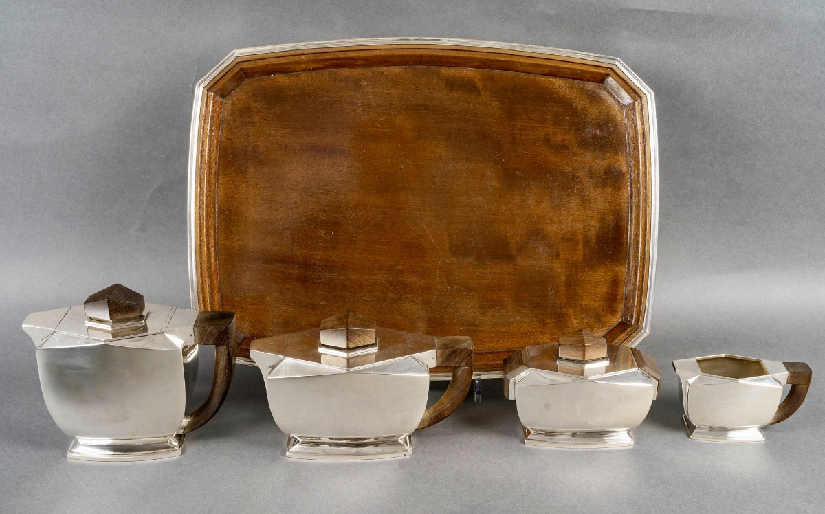 Tétard Frères - Art Deco Modernist Tea Coffee Set Sterling Silver And Rosewood