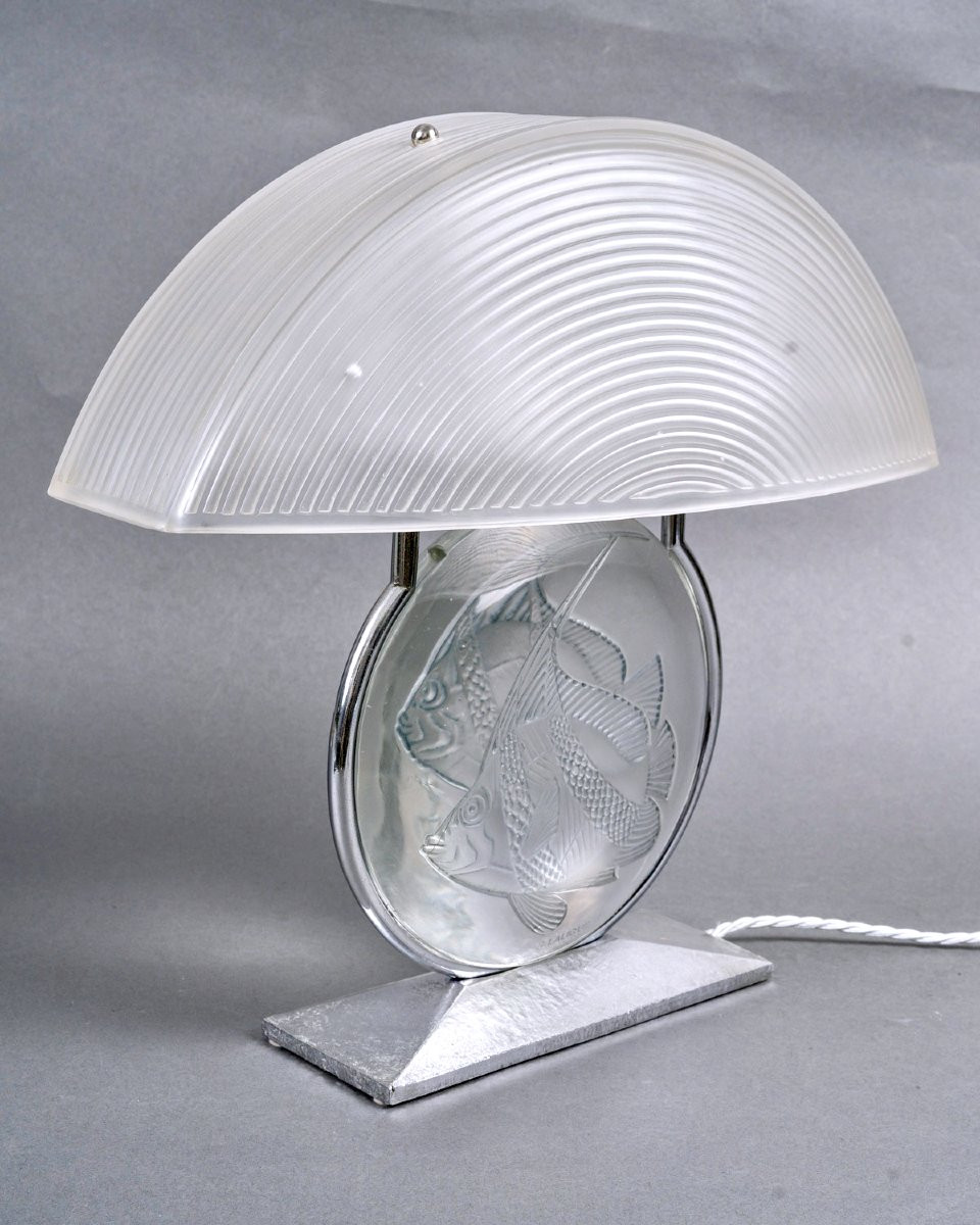 1931 René Lalique - Lampe Art Deco Poissons Verre Blanc Patiné Bleu -photo-3