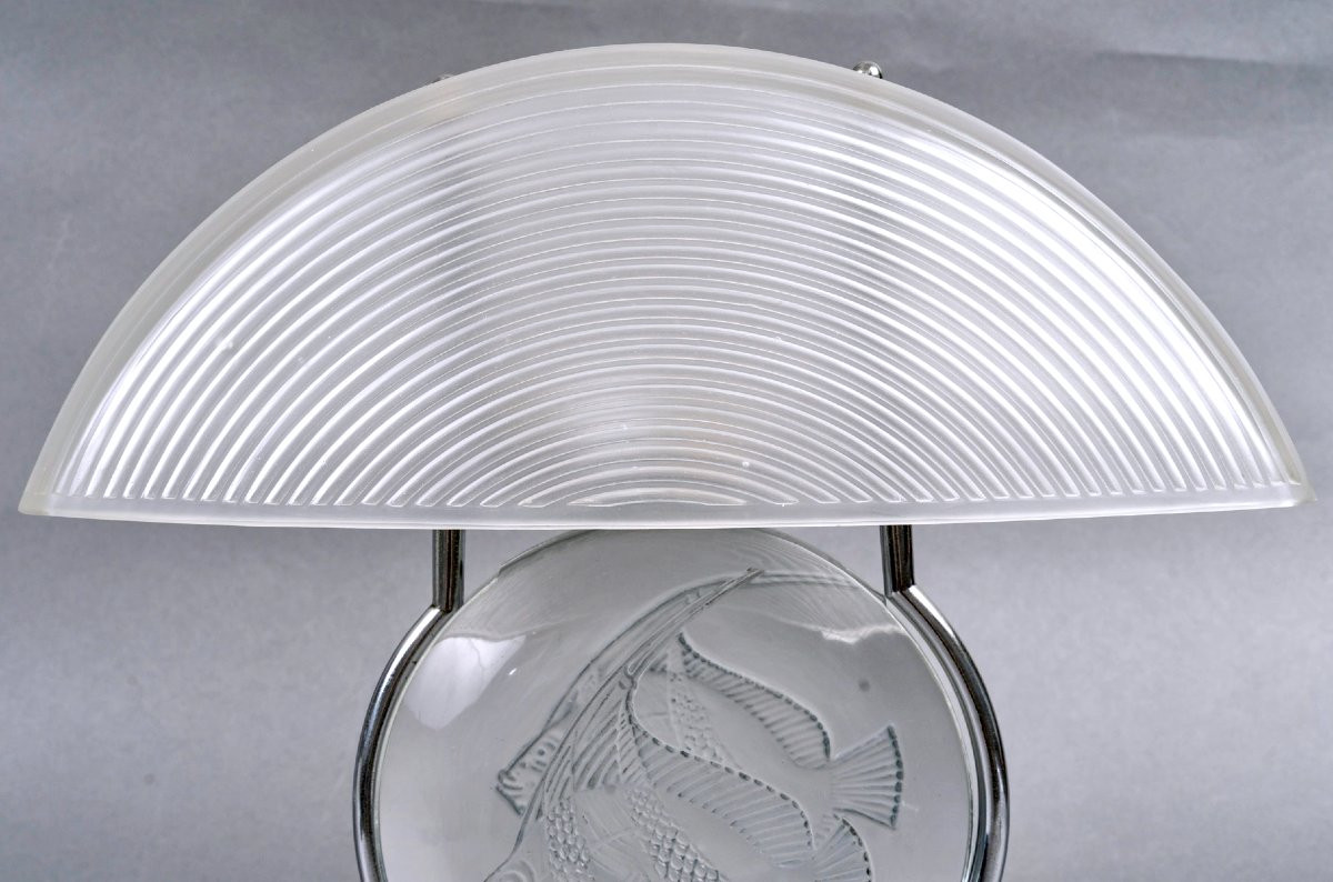1931 René Lalique - Lampe Art Deco Poissons Verre Blanc Patiné Bleu -photo-4