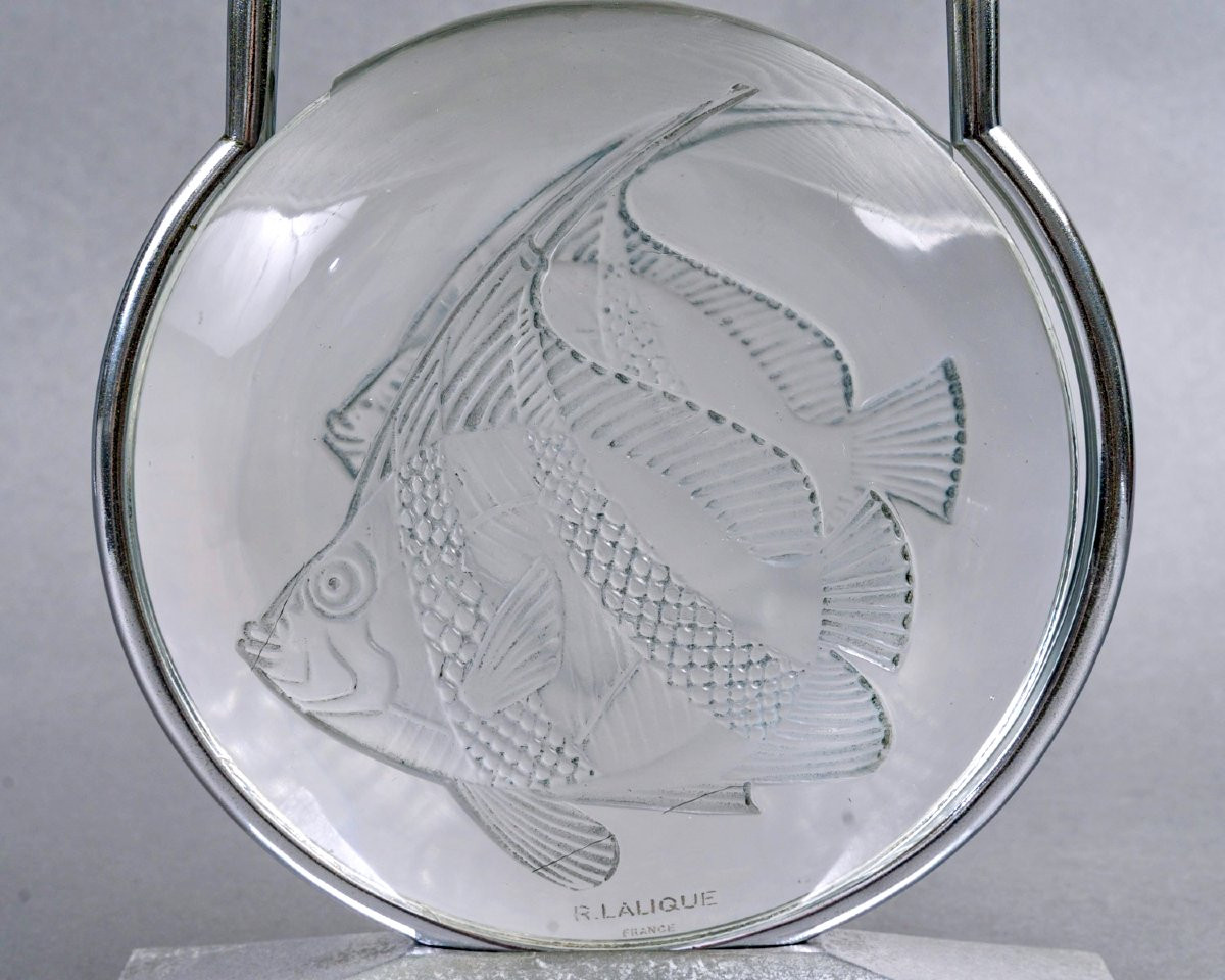 1931 René Lalique - Lampe Art Deco Poissons Verre Blanc Patiné Bleu -photo-1