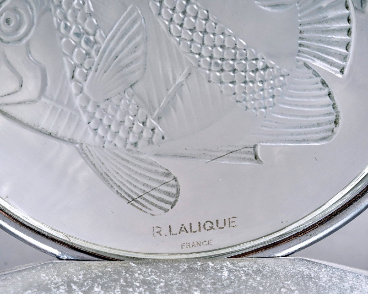 1931 René Lalique - Lampe Art Deco Poissons Verre Blanc Patiné Bleu -photo-2