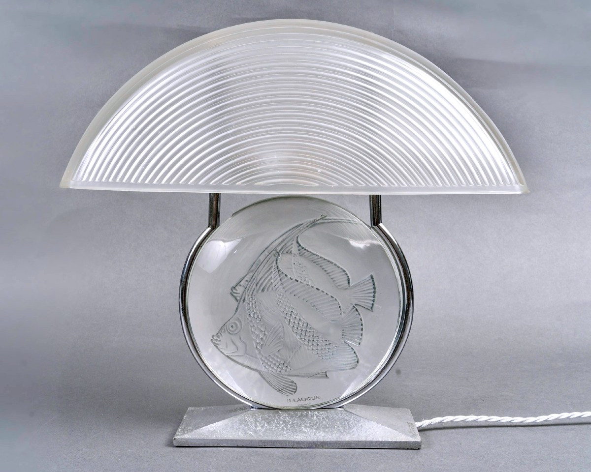 1931 René Lalique - Lampe Art Deco Poissons Verre Blanc Patiné Bleu 