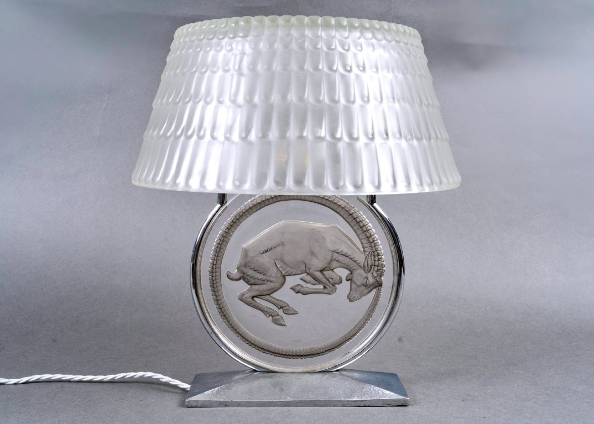 1931 René Lalique - Art Deco Lamp Belier Ram Glass With Grey Patina-photo-2