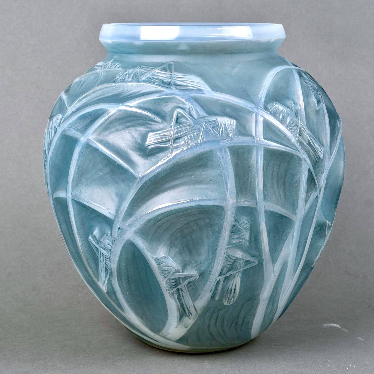 1912 René Lalique - Vase Sauterelles Grasshoppers Cased Opalescent Glass With Blue Patina