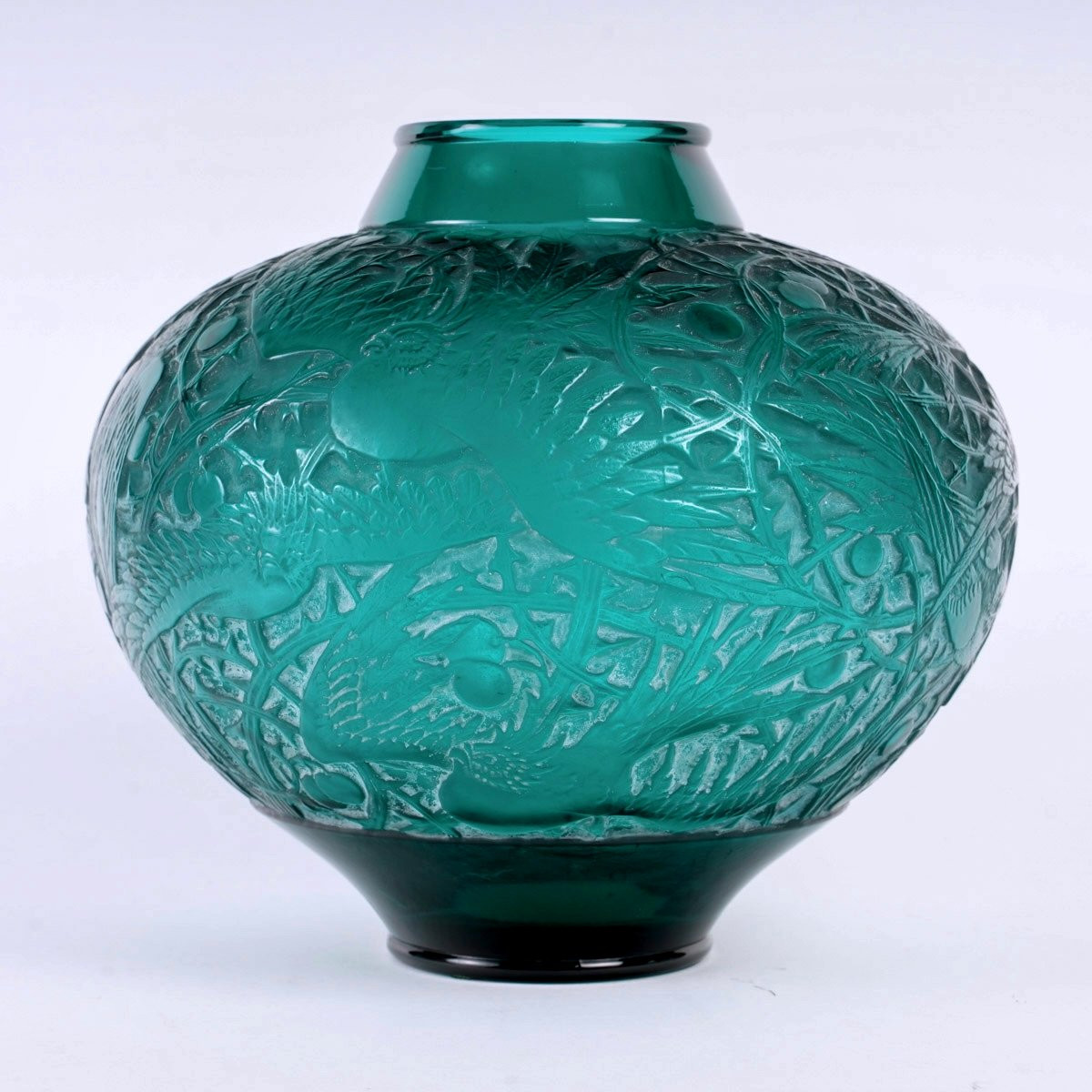 1924 René Lalique - Vase Aras Verre Vert Canard Patiné Blanc-photo-2