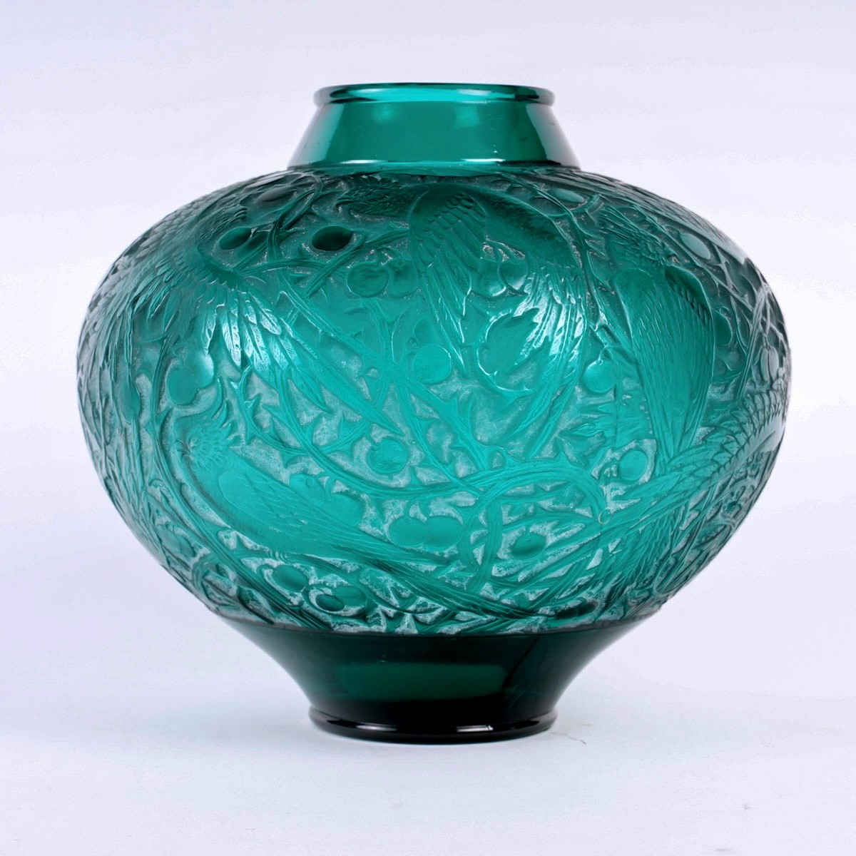 1924 René Lalique - Vase Aras Verre Vert Canard Patiné Blanc