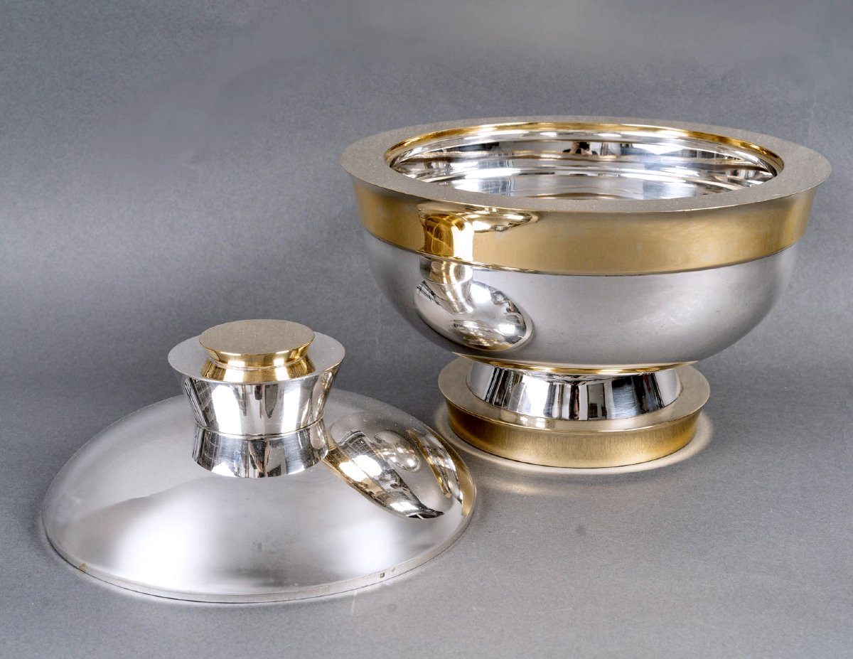 1937 Jean Puiforcat - Art Deco Modernist Centerpiece Tureen Sterling Silver And Vermeil-photo-3