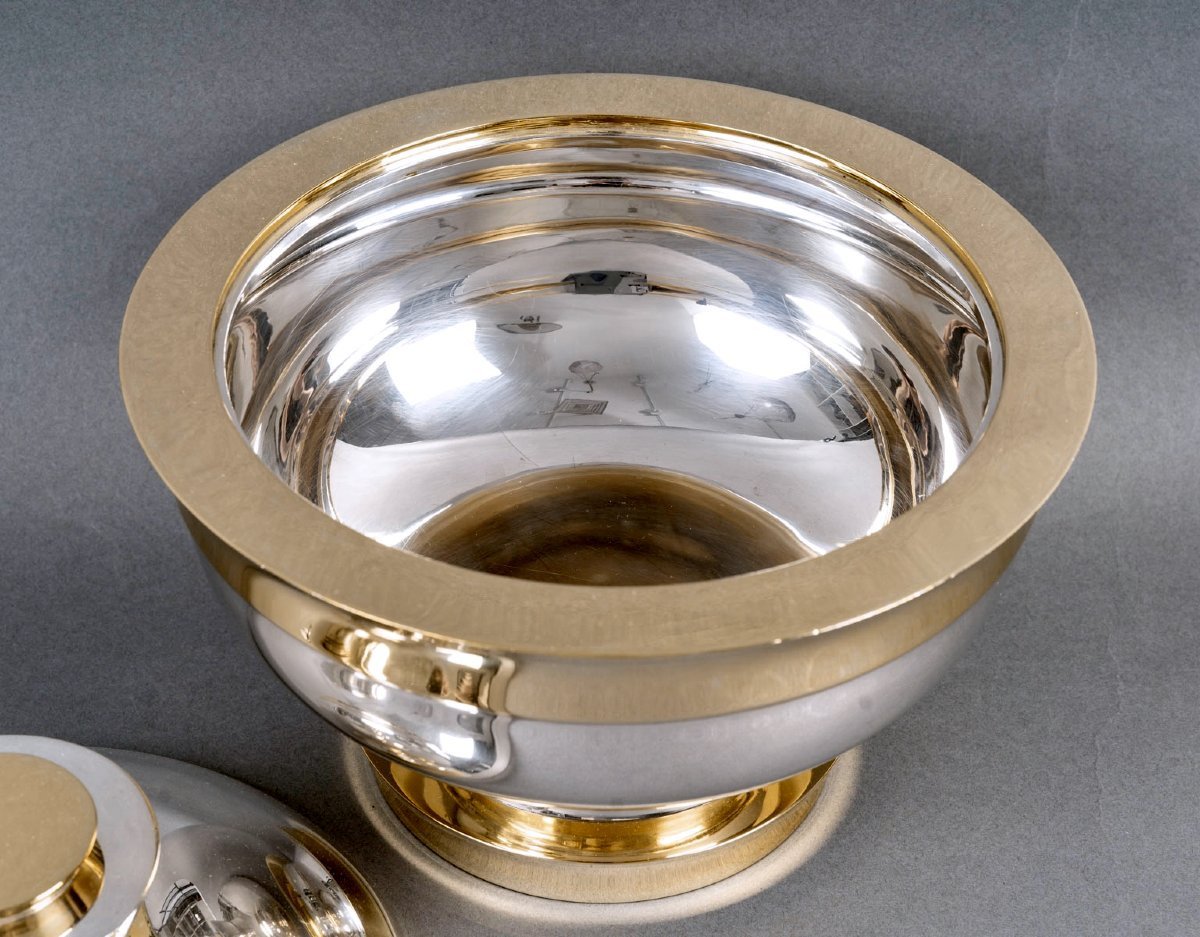1937 Jean Puiforcat - Art Deco Modernist Centerpiece Tureen Sterling Silver And Vermeil-photo-4
