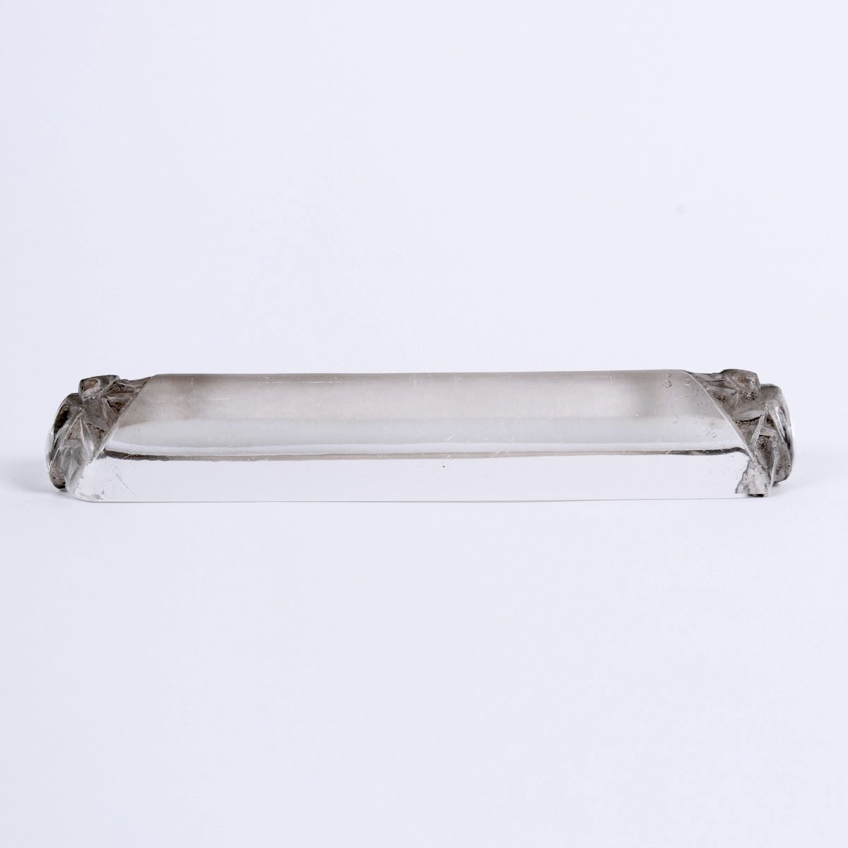 1924 René Lalique - Suite de Six Porte-Couteaux Scarabées Verre Blanc Patiné Gris-photo-4