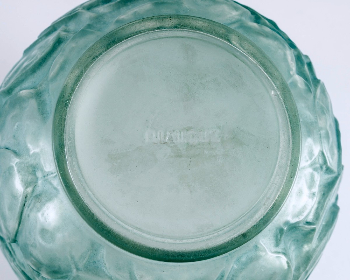 1914 René Lalique - Vase Monnaie Du Pape Verre Blanc Patiné Bleu Vert-photo-1