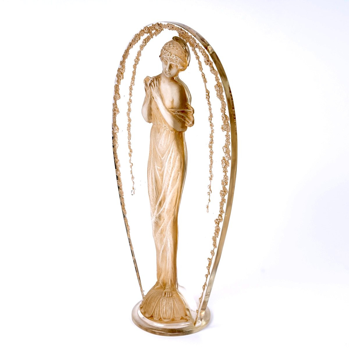 1919 René Lalique - Statuette Grande Ovale Tête Penchée Verre Blanc Patiné Sépia-photo-2