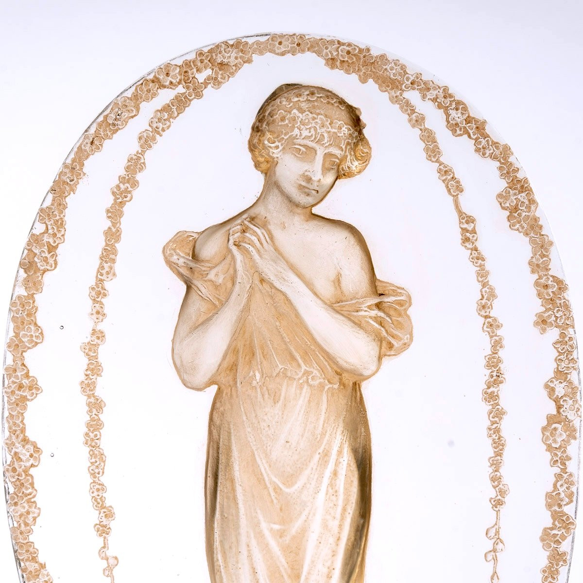 1919 René Lalique - Statuette Grande Ovale Tête Penchée Verre Blanc Patiné Sépia-photo-4