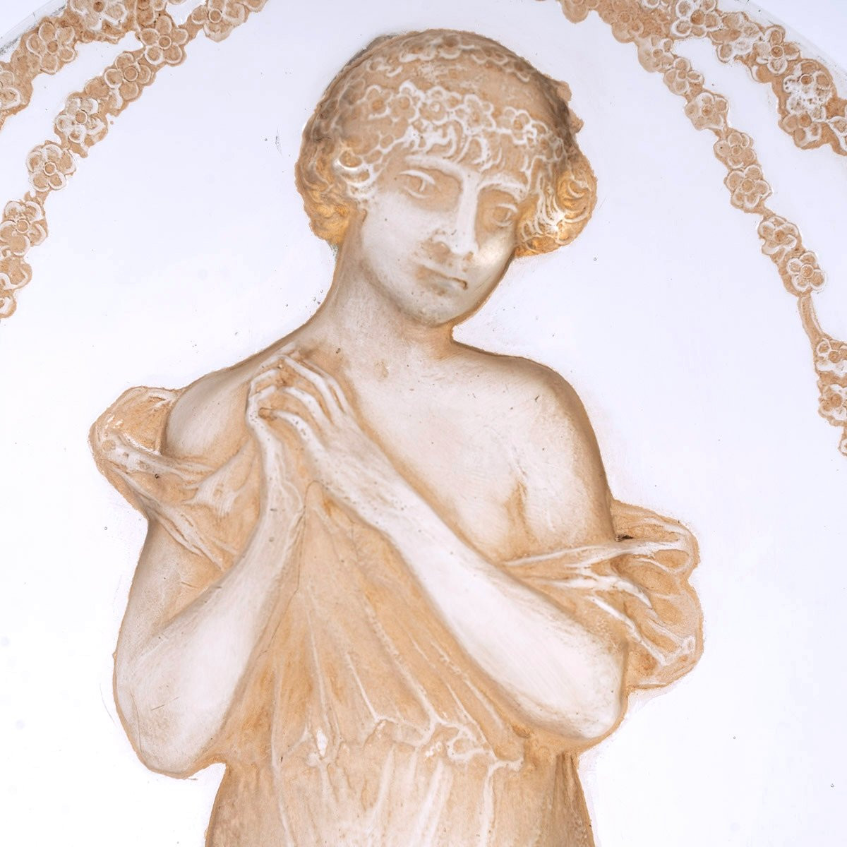 1919 René Lalique - Statuette Grande Ovale Tête Penchée Verre Blanc Patiné Sépia-photo-2