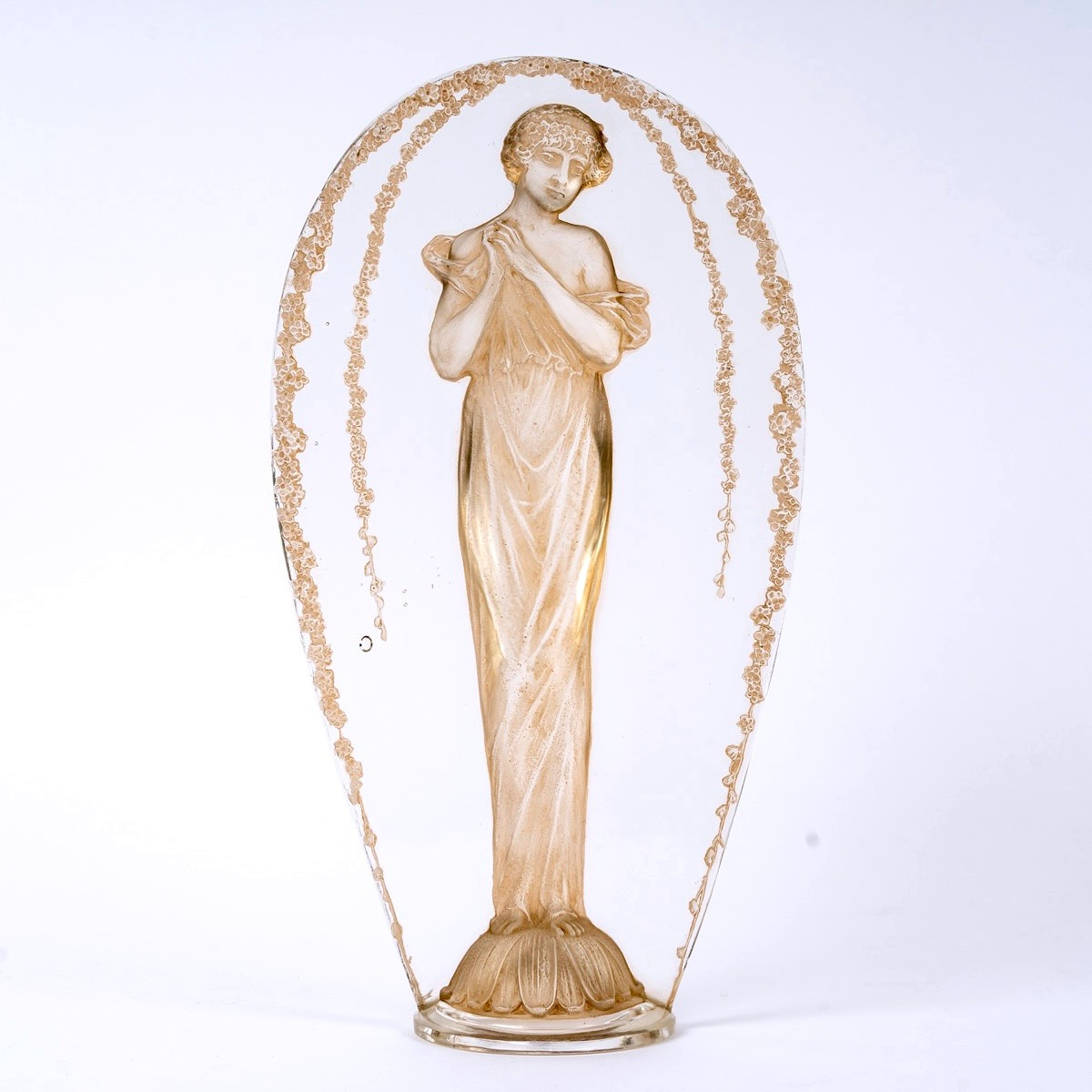1919 René Lalique - Statuette Grande Ovale Tête Penchée Verre Blanc Patiné Sépia