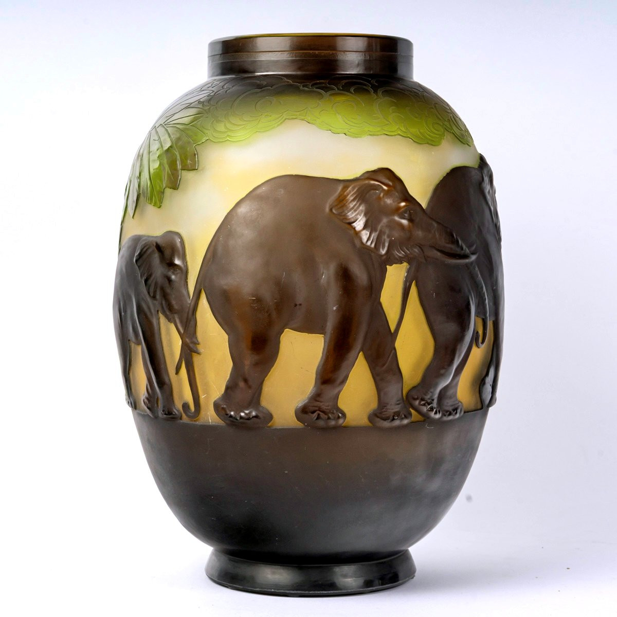 1925 Emile Gallé - Vase Eléphants Verre Multicouche Brun, Jaune et Vert-photo-2