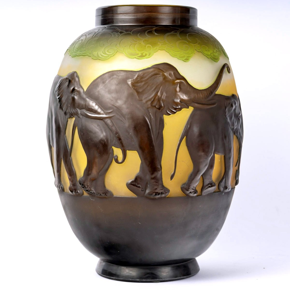1925 Emile Gallé - Vase Eléphants Verre Multicouche Brun, Jaune et Vert-photo-3