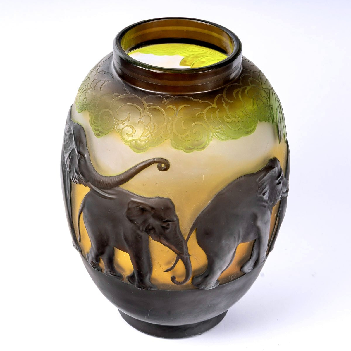1925 Emile Gallé - Vase Eléphants Verre Multicouche Brun, Jaune et Vert-photo-4