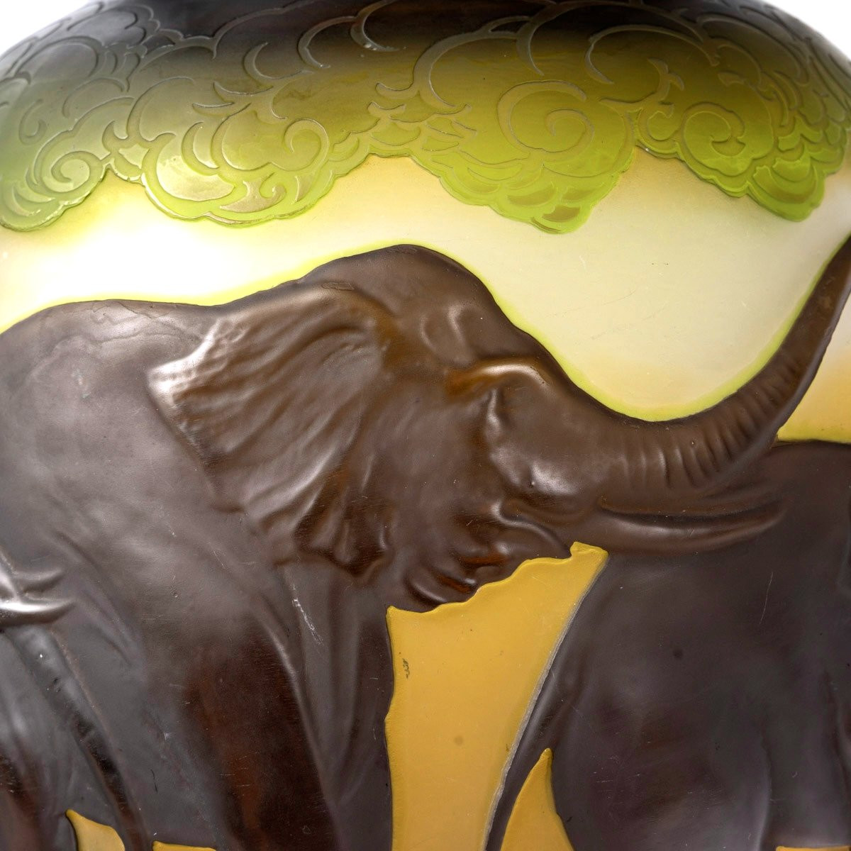 1925 Emile Gallé - Vase Eléphants Verre Multicouche Brun, Jaune et Vert-photo-1