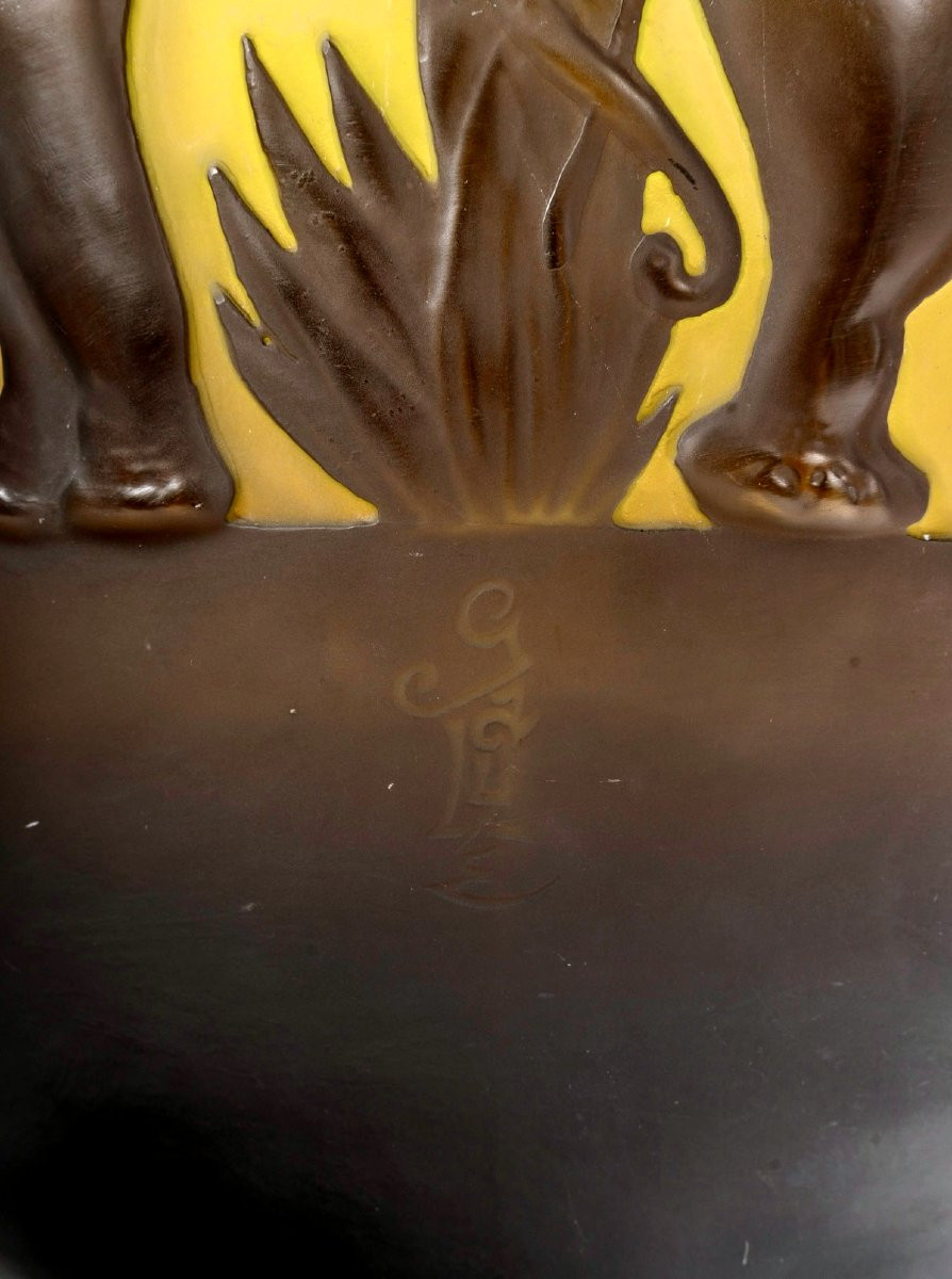 1925 Emile Gallé - Vase Eléphants Verre Multicouche Brun, Jaune et Vert-photo-3