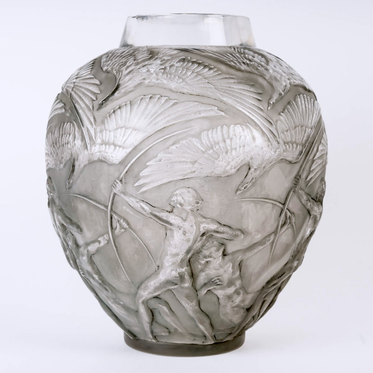 1921 René Lalique - Vase Archers Verre Blanc Patiné Gris