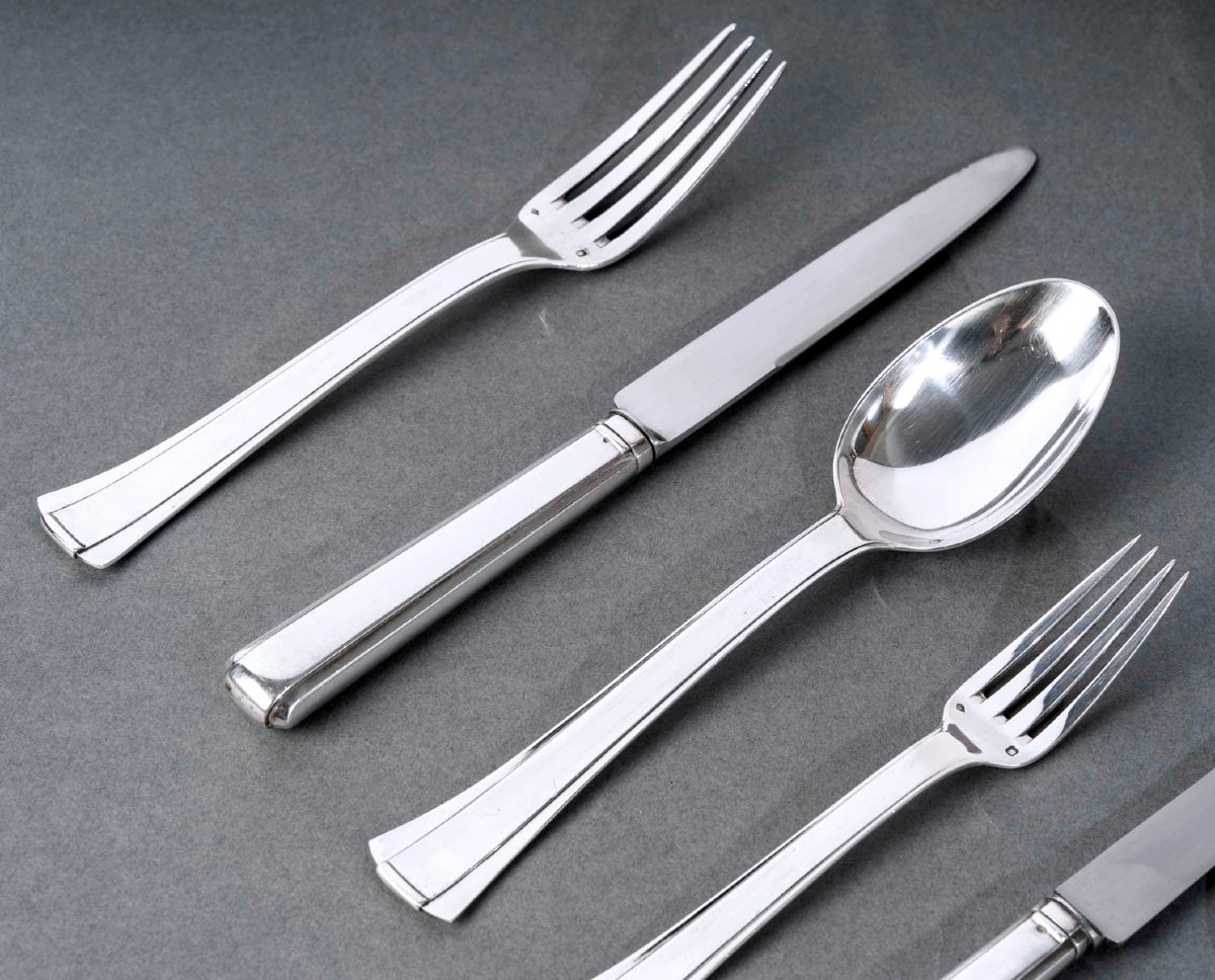 Jean E. Puiforcat - Art Deco Cutlery Flatware Set Dinard Papyrus Sterling Silver - 173 Pieces-photo-2